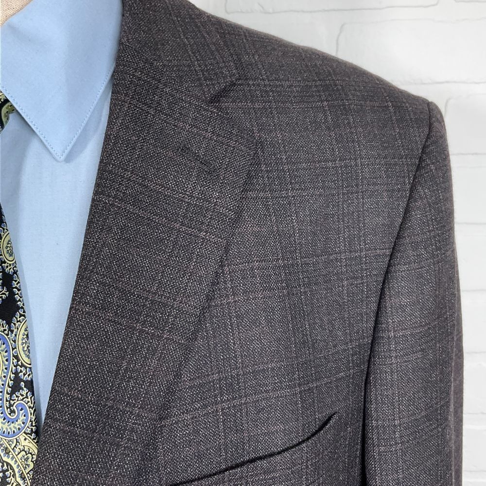 Calvin Klein Blazer 46L ACTUAL 44L Gray Red Windowpane Plaid Wool Suit Jacket